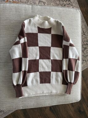 Cream and Brown Checkerboard Knit Sweater